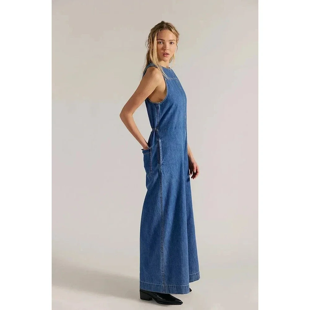 Free People We The Free Do No Wrong Jumpsuit Wide Leg Denim Cotton M 289099